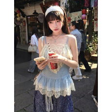批发法式蓝色蕾丝拼接吊带背心女夏季设计感修身收腰性感纯欲无袖上衣