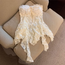 批发辣妹性感蕾丝拼接不规则飘带抹胸背心女夏季修身显瘦无袖上衣