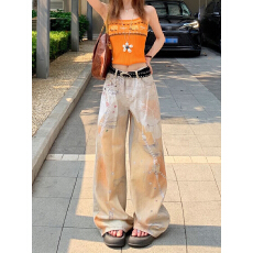 批发美式复古设计感阔腿牛仔裤女<b class='q'>夏</b>季2025新款显瘦宽松垂感拖地裤