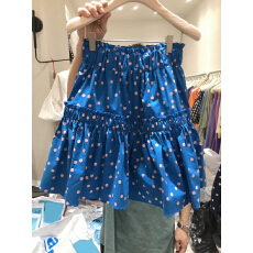 批发大码韩国东大门夏季新款蓝色波点减龄松紧腰A字<b class='q'>半身</b>裙<b class='q'>短裙</b>