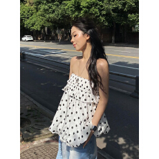 批发多巴胺度假风时尚白色波点上衣女<b class='q'>夏</b>独特漂亮抹胸无袖T恤多穿裙