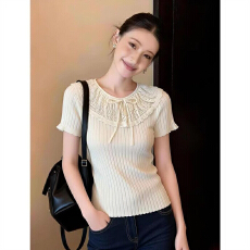 批发<b class='q'>针织衫</b>女夏季新款圆领蕾丝边设计感洋气百搭修身显瘦针织短袖上衣