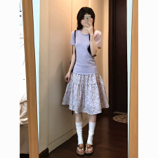批发韩系紫色<b class='q'>碎花</b>半身裙女夏季2026新款小个子蛋糕裙高腰显瘦a字短裙