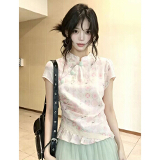批发新中式改良旗袍碎花短袖T恤女夏季<b class='q'>立领</b>盘扣收腰显瘦气质短款上衣