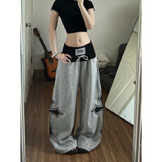 批发美式撞色拼接十字架卫裤女新款刺绣弯刀设计感小众宽松阔腿长裤潮