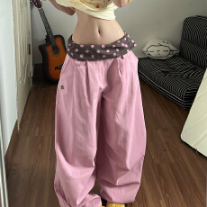 批发多巴胺粉色穿搭休闲裤裤子女款2026夏季新款波点腰头垂感阔腿长裤