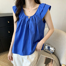 批发圆领潮飞飞袖正肩拼接女上衣大码显瘦淑女风衬衣甜美韩版短袖