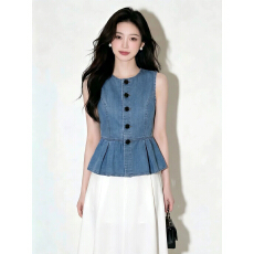 批发夏季新款<b class='q'>牛仔</b><b class='q'>马甲</b>时尚休闲超好看百搭高级感花边下摆无袖衬衫<b class='q'>马夹</b>