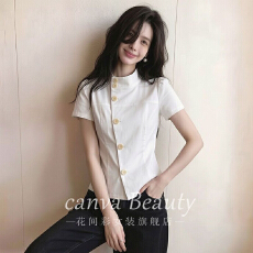 批发<b class='q'>日系</b>复古排扣短袖衬衫上衣女夏季新款高级感穿搭休闲短款显瘦衬衣