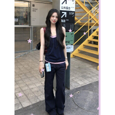 批发藏青色波点假两件背心女夏季<b class='q'>甜美</b>风宽松显瘦百搭无袖上衣