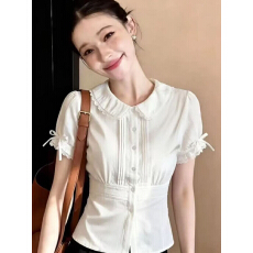 批发甜美气质娃娃领<b class='q'>蕾丝</b>衬衫女泡泡袖蝴蝶结收腰减龄百搭上衣通勤风