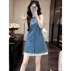 批发港风小个子复古牛仔连衣裙女<b class='q'>夏季</b>新款高级感气质显瘦花边背心短裙