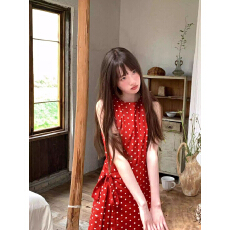批发法式复古红色波点<b class='q'>无袖</b>背心连衣裙女夏季新款设计收腰绑带短款裙子