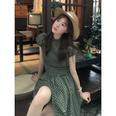 批发波点狂想曲 复古高级感绿色波点<b class='q'>连衣裙</b>弹力收腰A字裙女夏季新款
