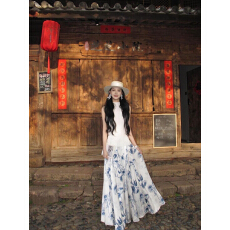 批发清冷感青花瓷飘逸<b class='q'>印花</b>半身长裙女夏白色半高领无袖背心上衣两件套