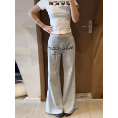 批发美式字母印花高腰微喇卫裤女夏季薄款2026年新款<b class='q'>修身</b>显瘦休闲长裤