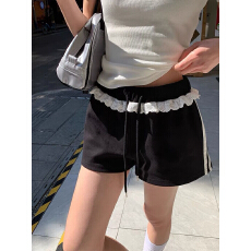 批发美式休闲短裤女夏季薄新款中大童学生拼接蕾丝花边宽松运动热裤潮