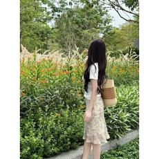 批发韩系<b class='q'>甜美</b>风杏色碎花半身裙女夏季新款高腰显瘦小个子百搭A字中裙
