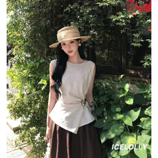 不规则收腰无袖上衣女夏法式小资娃娃衫背心漂亮显瘦设计感衬衫