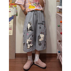 批发重工猫咪刺绣休闲裤女生夏季薄款裤子宽松显瘦灰色七分<b class='q'>短裤</b>童趣风