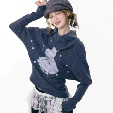 批发2026秋<b class='q'>冬</b>设计感斜领口兔子印花长袖t恤针织上衣女潮