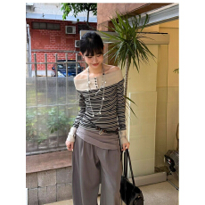 批发黑色撞色条纹设计一字肩长袖恤女秋<b class='q'>冬</b>季内搭小个子短款打