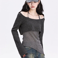 批发<b class='q'>欧美</b>风2026秋季新款<b class='q'>女</b>装纯色修身长袖<b class='q'>T</b><b class='q'>恤</b>时尚挂脖背心两件套