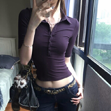 批发美式复古POLO领中袖打底<b class='q'>T</b><b class='q'>恤</b>2026秋季新款女修身显瘦百搭上衣