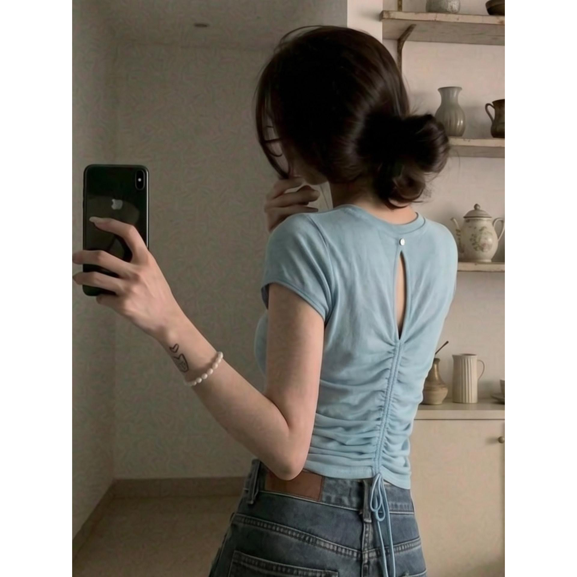 BY30954# 精梳棉韩版镂空设计短袖t恤女春夏新款修身显瘦时尚上衣 服裝批發女裝批發服飾貨源
