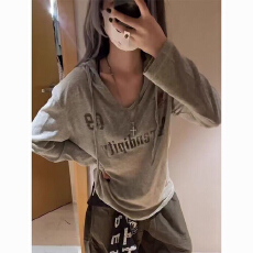 批发美式<b class='q'>街头</b>字母印花连帽长袖T恤女秋季新款宽松显瘦慵懒风百搭上衣