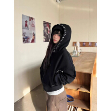 批发美式复古珍珠设计感连帽短款卫衣女外套春秋辣妹<b class='q'>运动服</b>休闲上衣潮