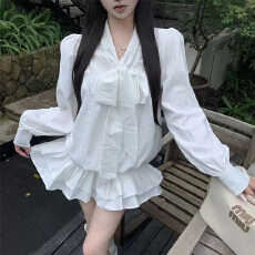 批发韩版休闲白色长袖衬衫短裙女甜美设计感小众泡泡袖法式连衣裙ins
