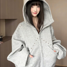 批发美式拼接铆钉连帽卫衣女秋季新款休闲宽松复古甜酷设计感小众外套