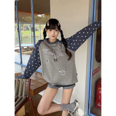 批发美式星星撞色<b class='q'>长袖</b><b class='q'>T</b><b class='q'>恤</b>女早秋新款宽松慵懒学院运动风<b class='q'>男</b>上衣
