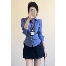 批发法式高级感蓝色掐腰短款衬衫女2026超好看减龄极简风<b class='q'>长袖</b>polo上衣