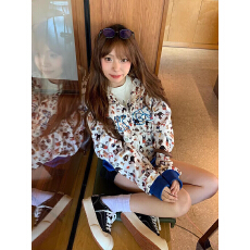 批发美式复古满印小狗印花连帽<b class='q'>卫衣</b>女秋冬熊耳朵短款辣妹拉链开衫外套