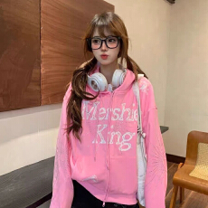 批发烫钻美式印花复古字母连帽开衫卫衣春秋宽松春季新款15拉链外