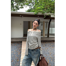 批发秋季美式新款辣妹条纹一字肩吊带长袖<b class='q'>T</b><b class='q'>恤</b>假两件打底显瘦修身上衣
