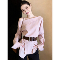 批发粉色衬衫女长袖春季2026新款爆款高级感独特超好看漂亮<b class='q'>露肩</b>衬衣