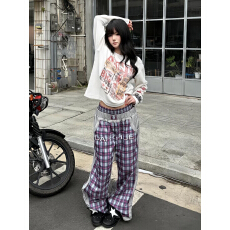 批发y2k双腰头拼接撞色格纹运动休闲裤男女2026新款轻亚<b class='q'>街头</b>刺绣长裤