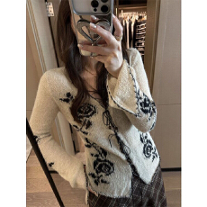 批发2026秋冬美式小碎花刺绣连帽卫衣开衫外套女韩系休闲百搭慵懒上衣