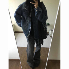 批发美式街头vibe风牛仔拼接格子外套秋季新款小众百搭假两件夹克上衣
