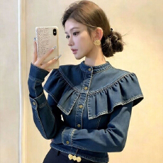 批发时尚设计感减龄气质<b class='q'>衬衫</b>外套女春秋季长袖美式复古牛仔荷叶边<b class='q'>上衣</b>