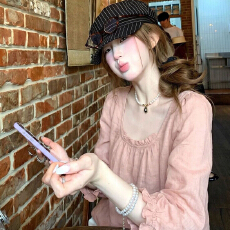 批发韩系少女粉色<b class='q'>七分袖</b>衬衫女新款松感宽松减龄木耳边显瘦上衣