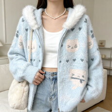 批发韩系甜美<b class='q'>可爱</b>连帽毛领毛衣外套女秋冬季小猫提花慵懒针织开衫上衣
