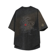 批发新中式夏季国风福禄自来重工刺绣复古做旧水宽松半袖短袖情侣T恤