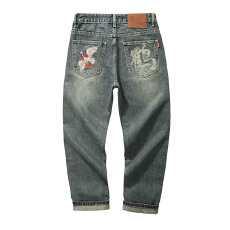 新国风春秋季新款仙鹤刺绣牛仔裤男宽松直筒大码休闲长裤子弹力