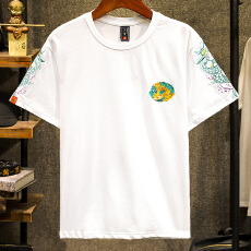 批发新中式国潮青龙纹刺绣短袖T恤半袖圆领设计男士国风薄荷曼波