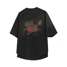 祥瑞麒麟新款国潮暗线刺绣麒麟短袖t恤圆领纯棉透气上衣男士潮