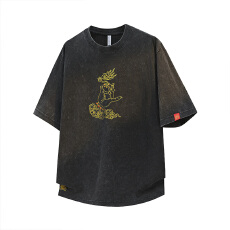 批发(宝珠佛手)夏季新款国潮棉料<b class='q'>宽松</b>重工刺绣圆领短袖半袖T恤潮情侣